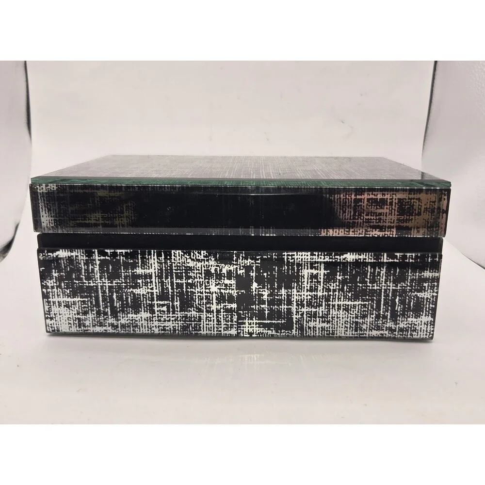 Vintage Glam Speckled Glass Trinket Box Beveled Panels Jewelry Box Silver Black